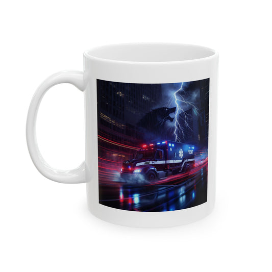 Code Alpha EMT Mug – Storm Response Series – 11oz Black Ceramic Mug with Double-Sided Lightning Wolf and Ambulance Design – Lair Gadgets First Responder Gift
