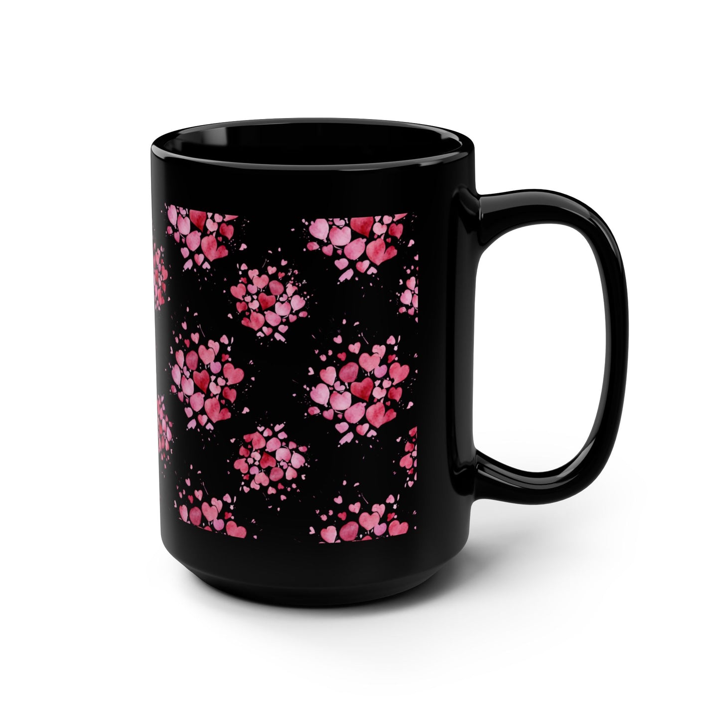 15oz Black Mug — Pink Heart Cluster Pattern -Score 85