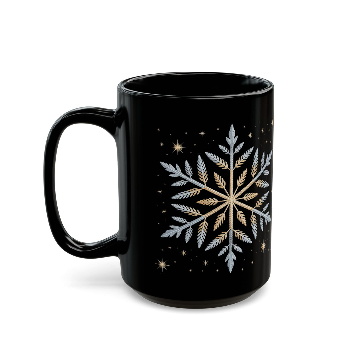 Gold and Silver Snowflake Coffee Mug – 15oz Black Ceramic