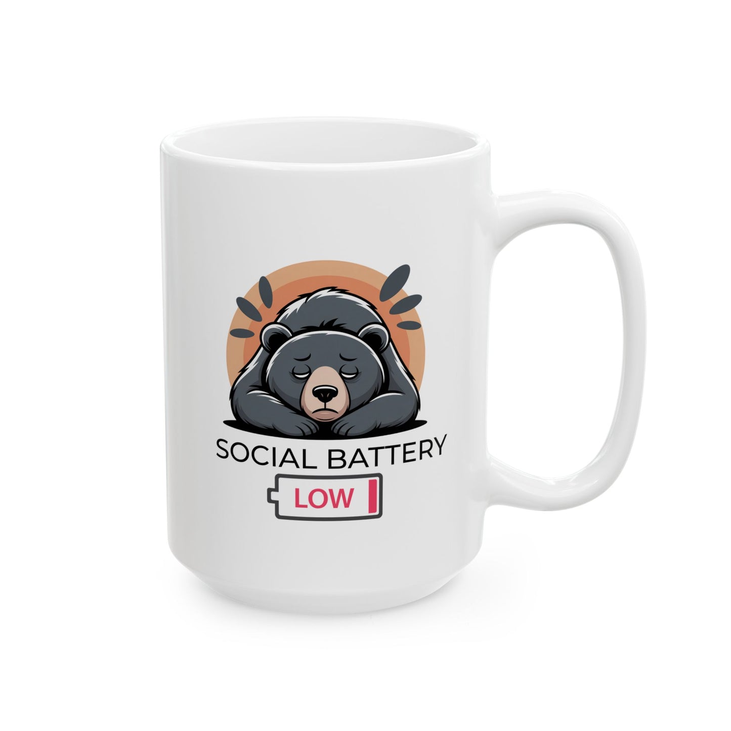 Social Battery Low Coffee Mug – Funny Bear Design, 15 oz Ceramic Mug