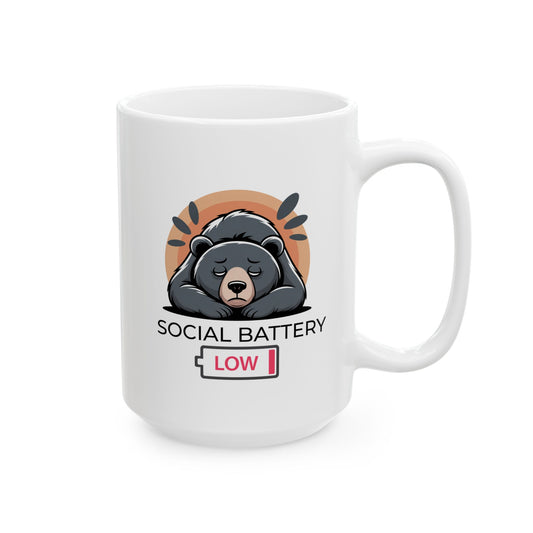 Social Battery Low Coffee Mug – Funny Bear Design, 15 oz Ceramic Mug
