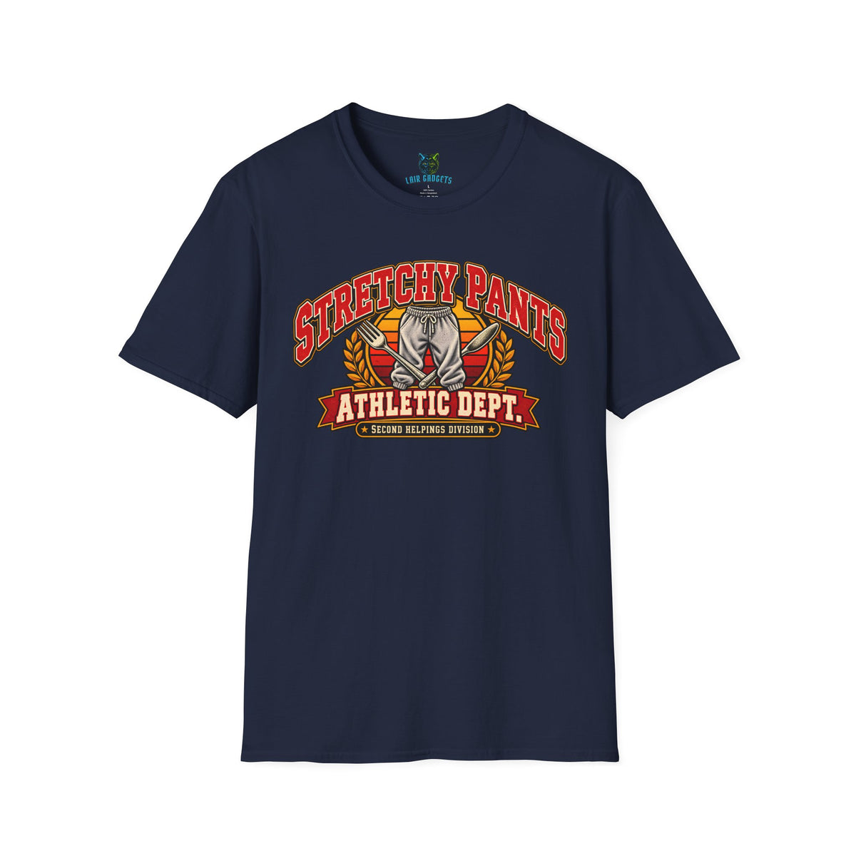 Stretchy Pants Athletic Dept. funny Thanksgiving and Christmas varsity graphic tee in Navy
