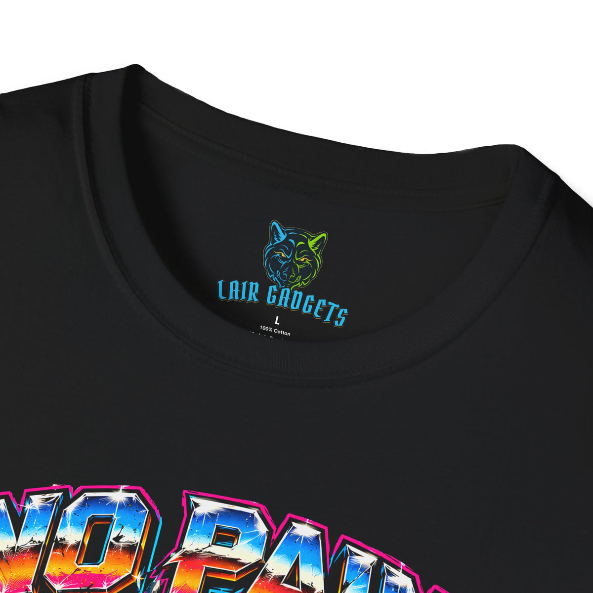 Black tee with a relaxed capybara in a pool ring surrounded by exploding gym weights between the words No Pain, No Pain (neck label view)