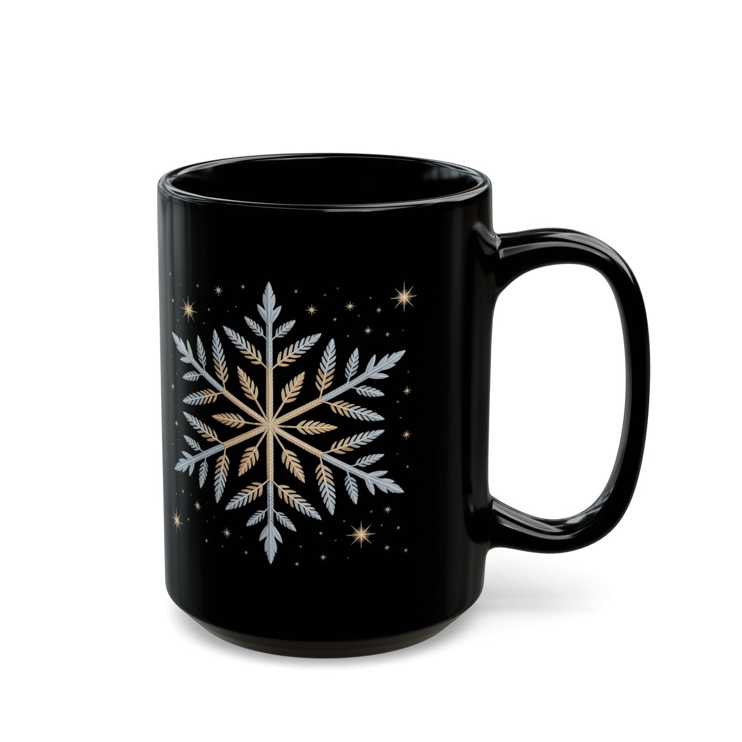 Winter Radiance Snowflake Mug by Lair Gadgets – 15 oz Black Ceramic Coffee Cup with Elegant Gold and Silver Flake Design