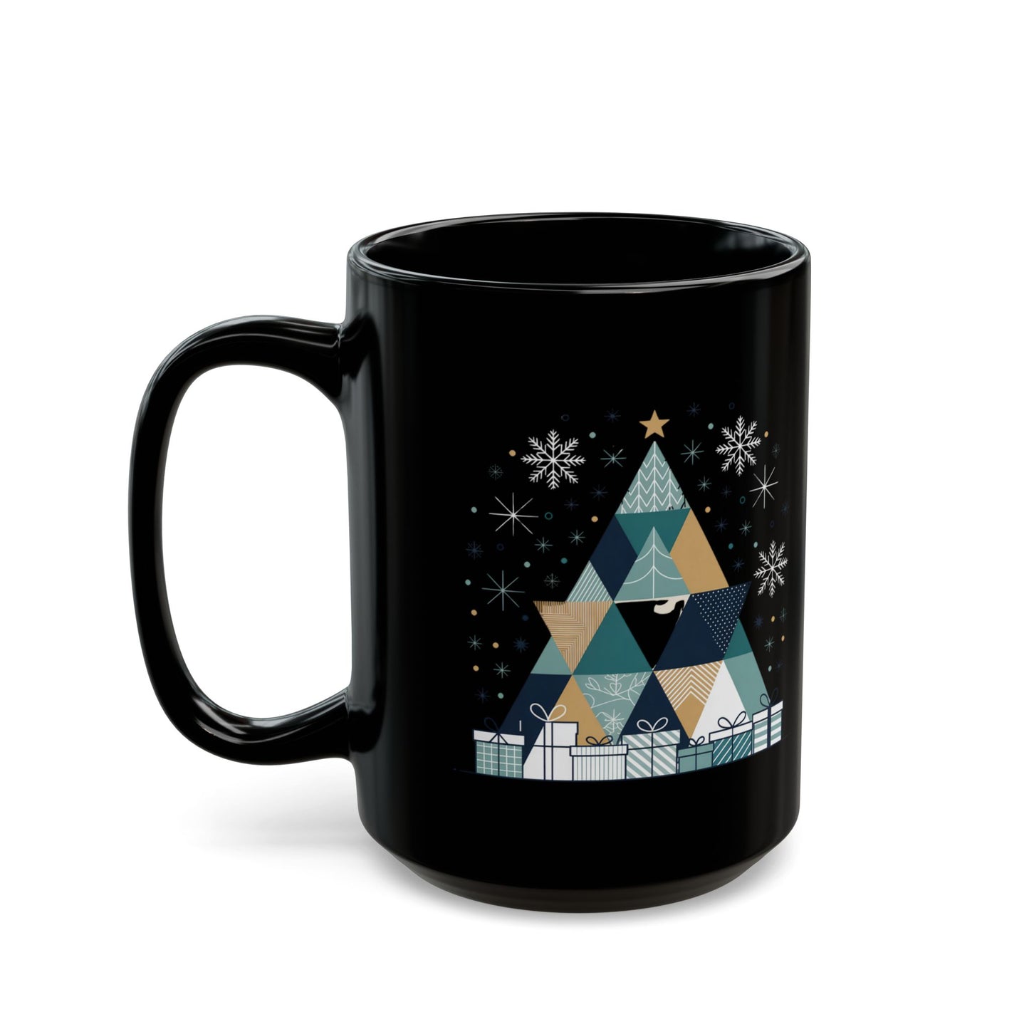 Geometric Holiday Tree Mug by Lair Gadgets – 15 oz Black Ceramic Coffee Cup with Modern Christmas Tree and Snowflake Design