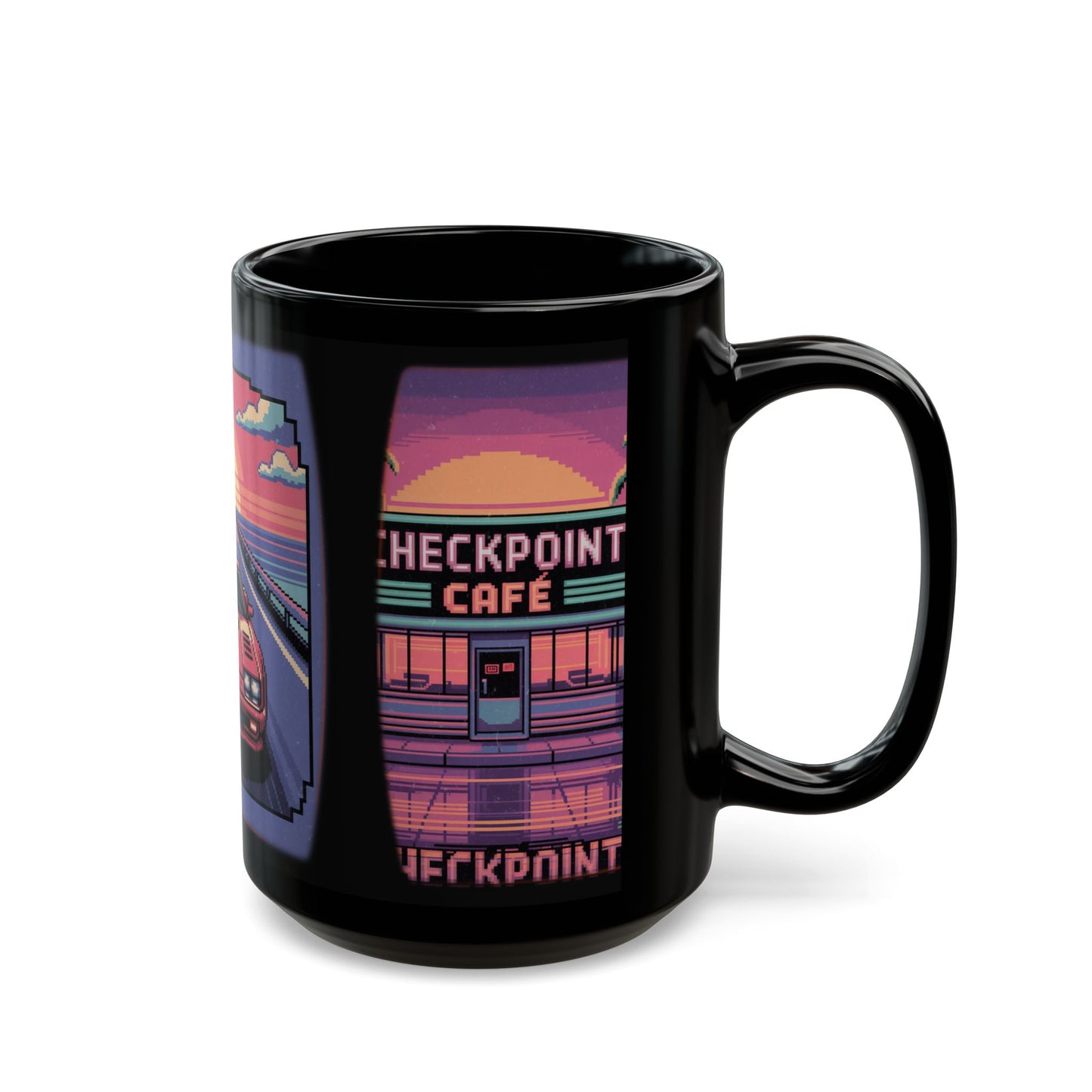Retro Sunset Car Mug, 80s Aesthetic Coffee Cup, Vintage Car Lover Gift, Road Trip Funware, Perfect for Gamers and Nostalgia Seekers