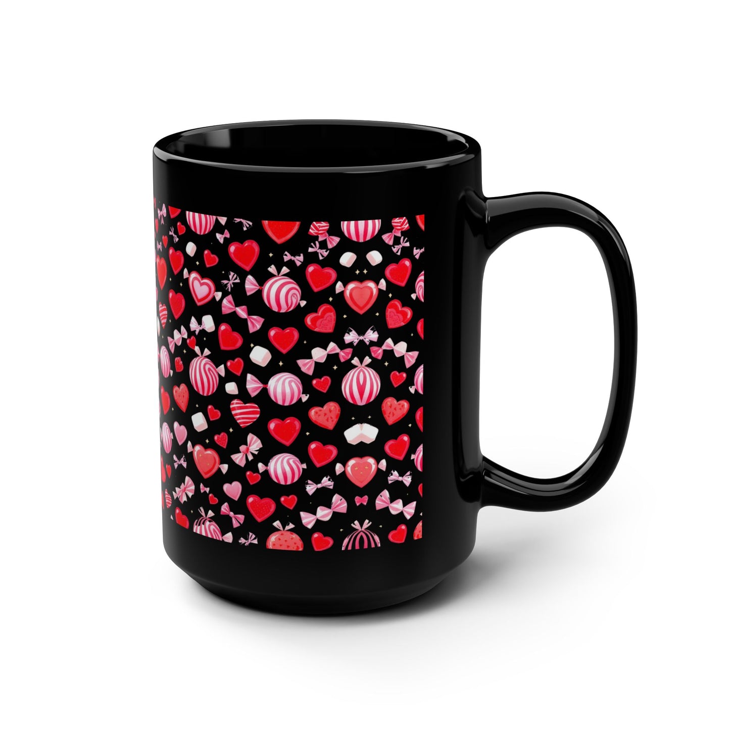15oz Black Mug — Red & Pink Heart Pattern Valentine’s -92