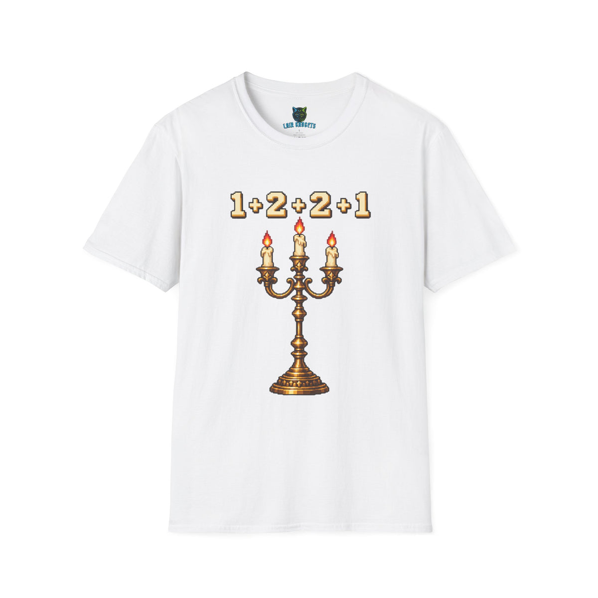White t-shirt with 1+2+2+1 pixel art candelabra graphic