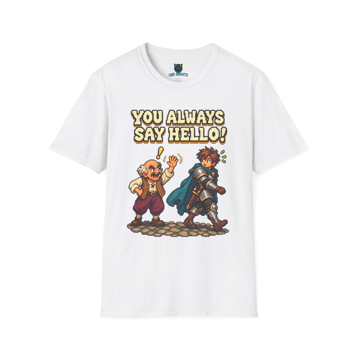 White t-shirt with You Always Say Hello retro pixel art NPC graphic