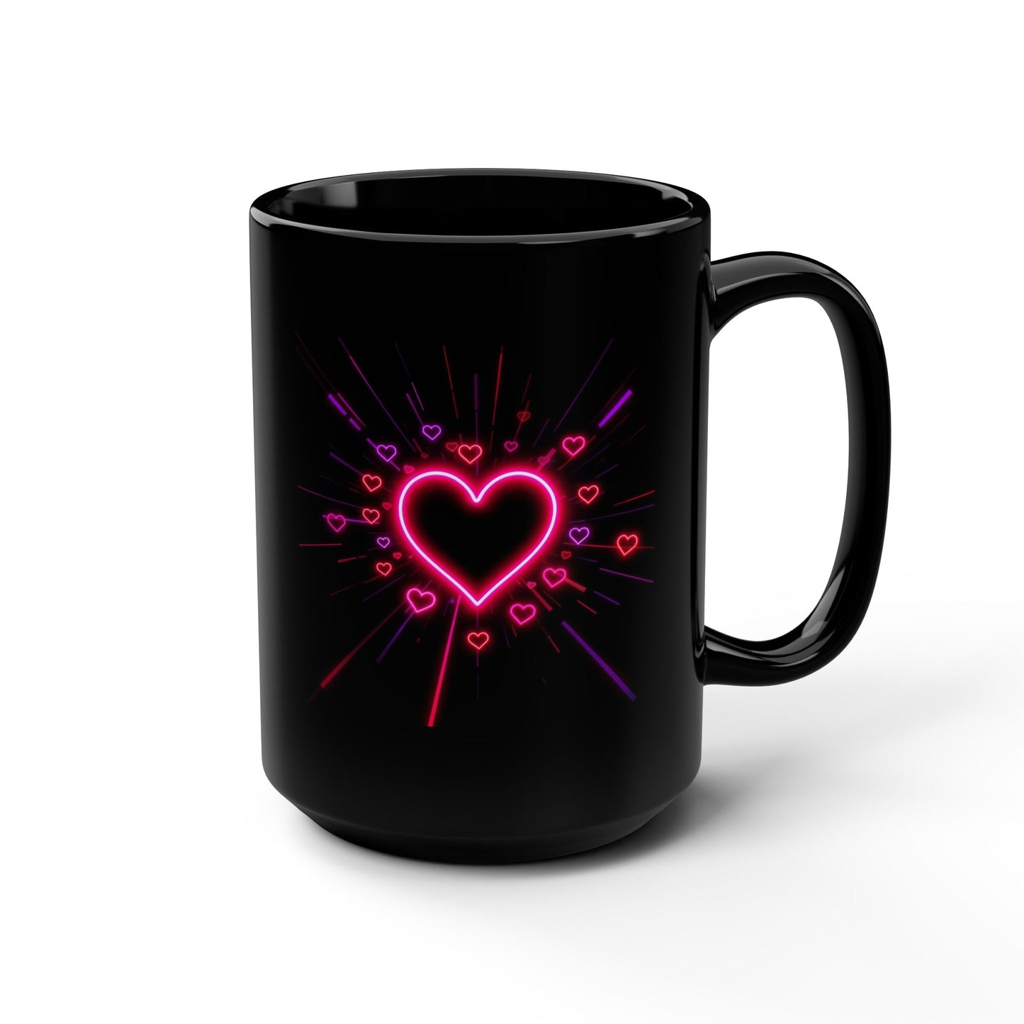 Neon Heart Black Mug — 15oz Romantic Coffee Cup- Score 86