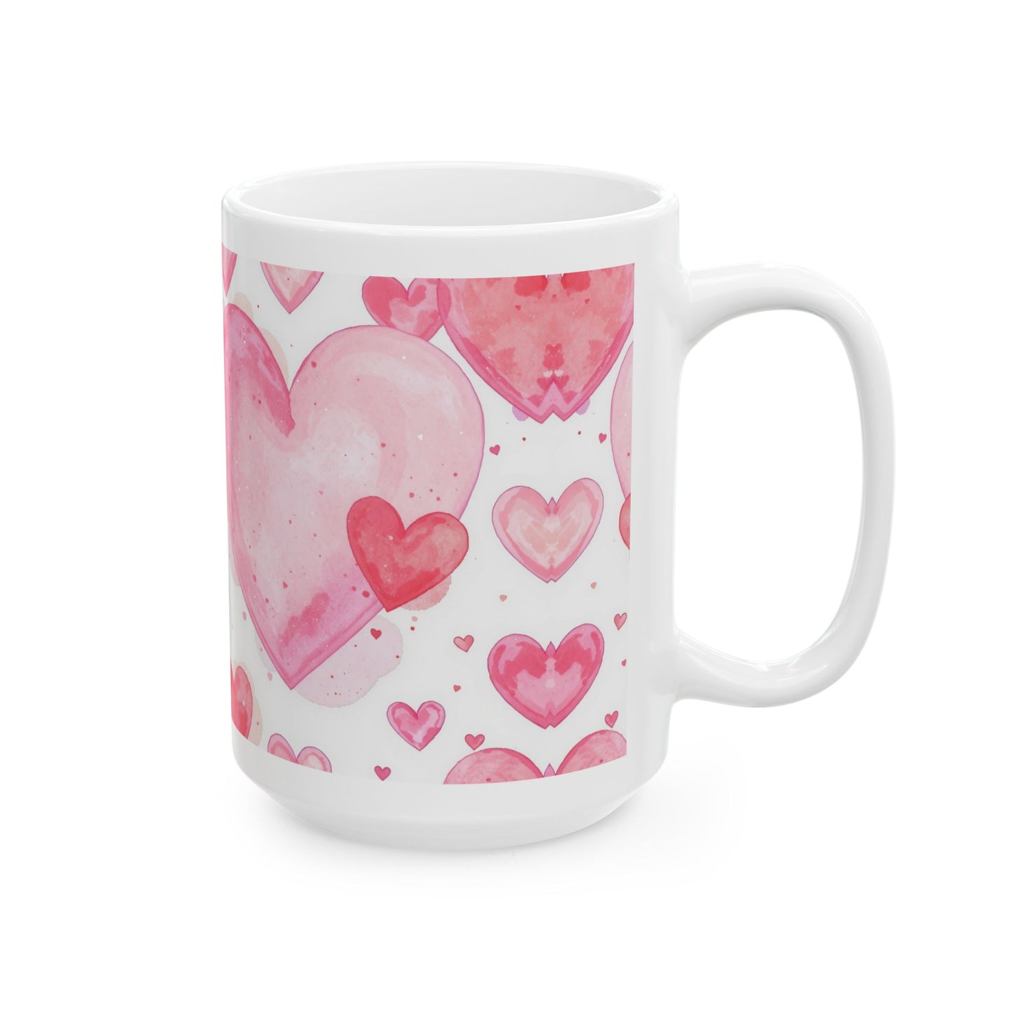 Lair Gadgets Valentine Coffee Mug with Watercolor Heart Pattern, 15 oz White Ceramic Coffee Mug, Soft Pink Romantic Heart Design Gift Mug - Sweetheart Watercolors