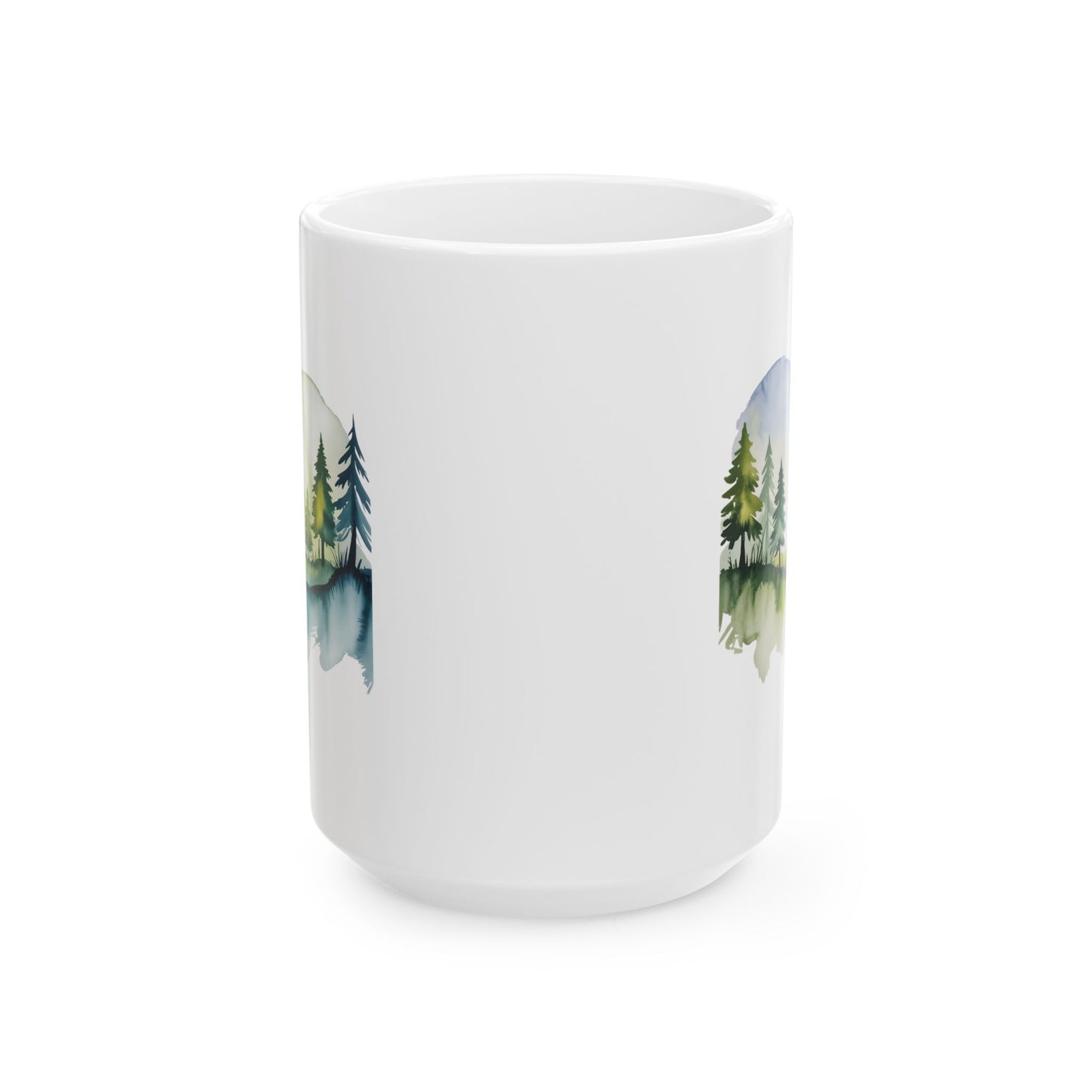 Nature Coffee Mug with Forest Landscape Design, Watercolor Art Style, 15 oz White Ceramic Mug for Calm Mornings and Relaxing Moments — by Lair Gadgets