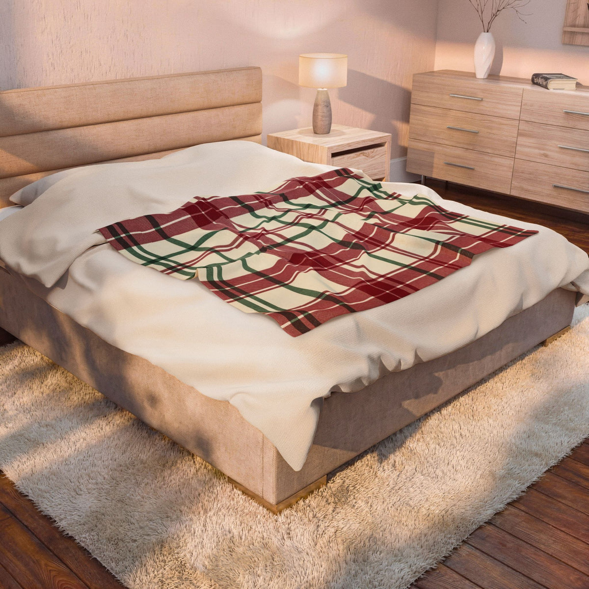 Red and Green Plaid Plush Throw Blanket – Holiday Velveteen Throw, 50 x 60 in