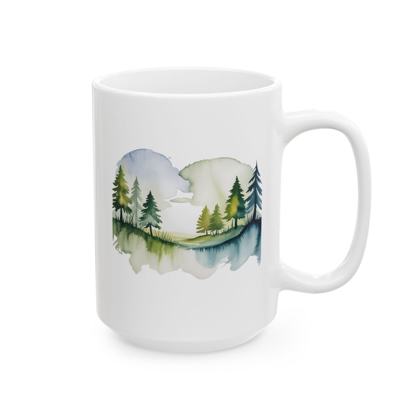 Nature Coffee Mug with Forest Landscape Design, Watercolor Art Style, 15 oz White Ceramic Mug for Calm Mornings and Relaxing Moments — by Lair Gadgets