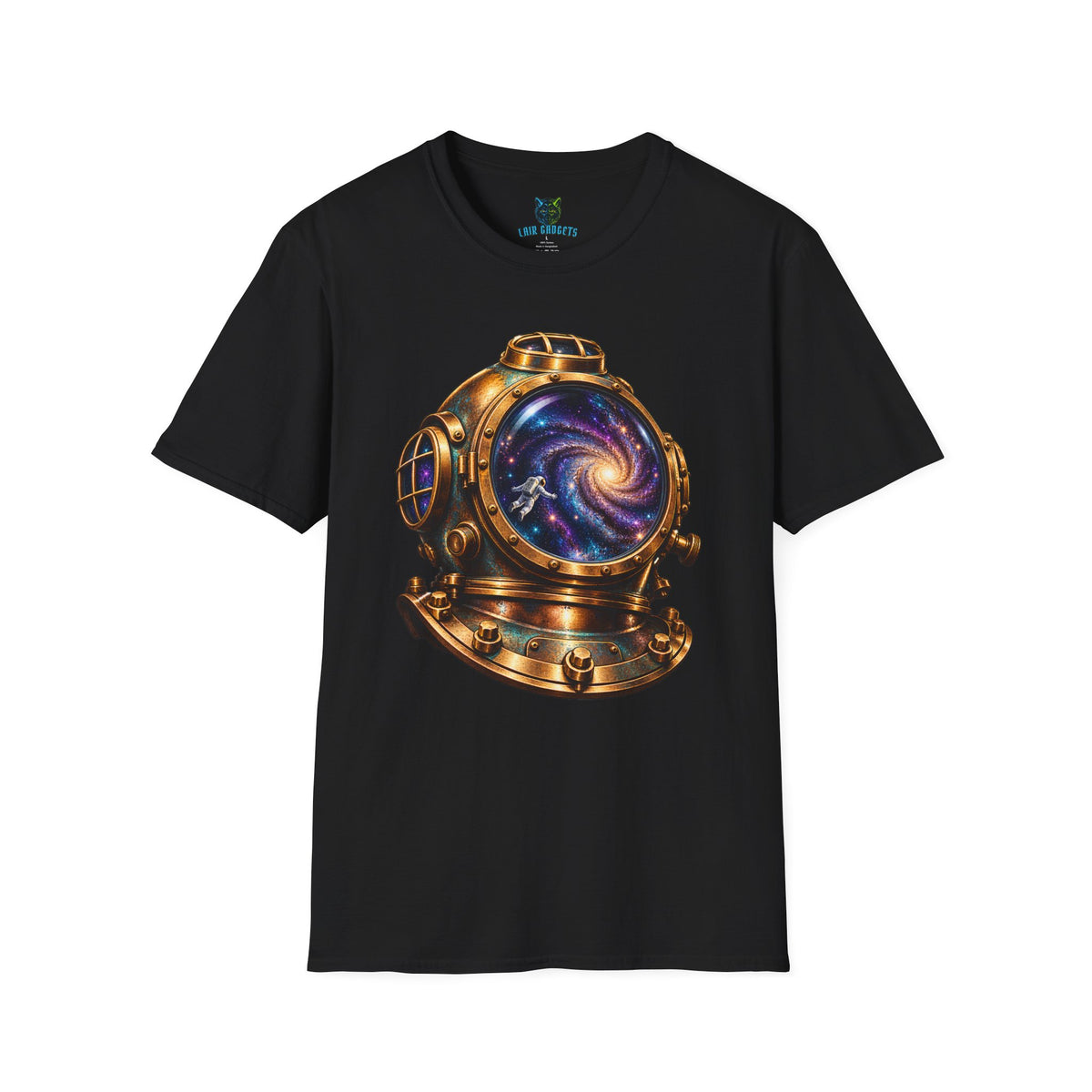 Black t-shirt with steampunk galaxy diving helmet graphic