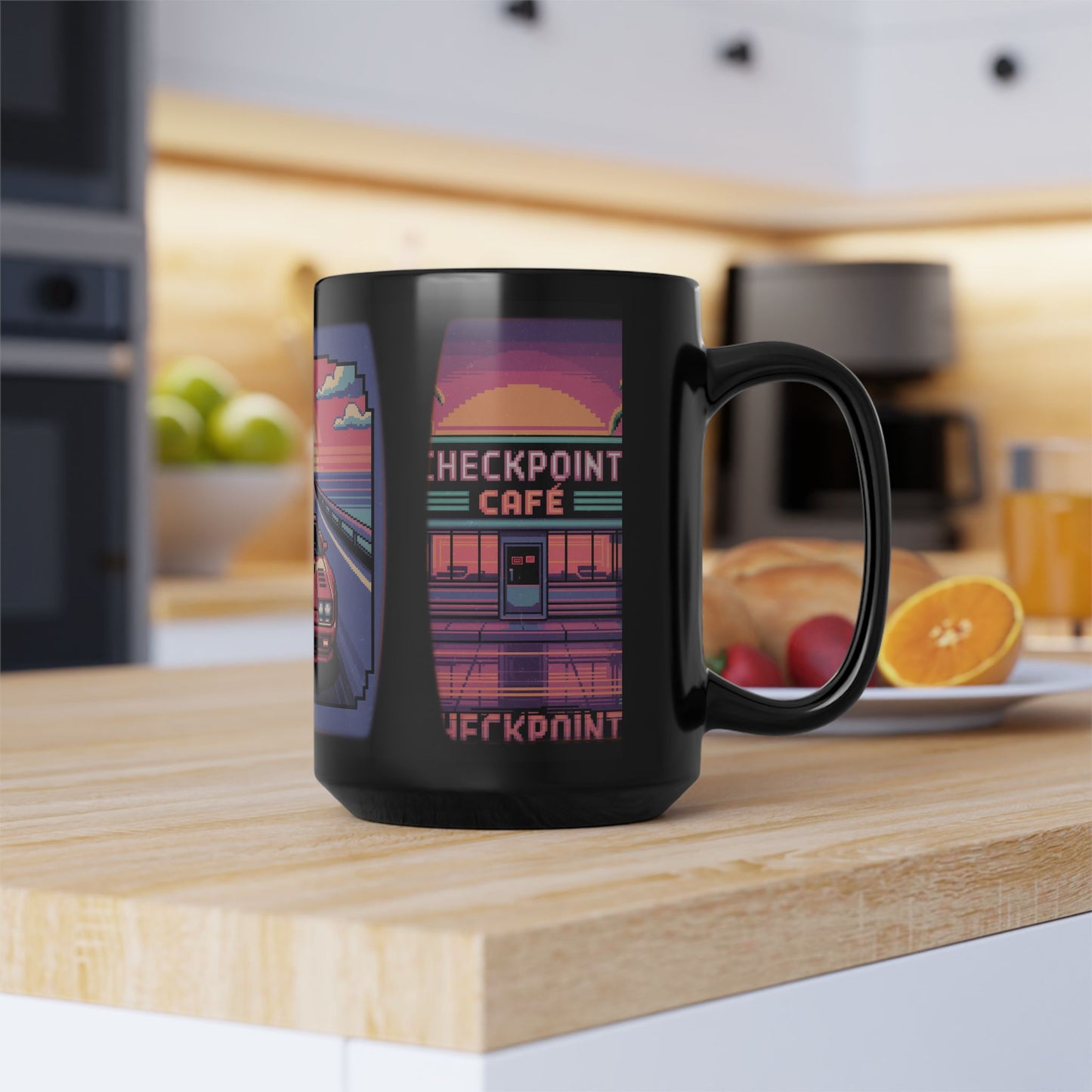 Retro Sunset Car Mug, 80s Aesthetic Coffee Cup, Vintage Car Lover Gift, Road Trip Funware, Perfect for Gamers and Nostalgia Seekers