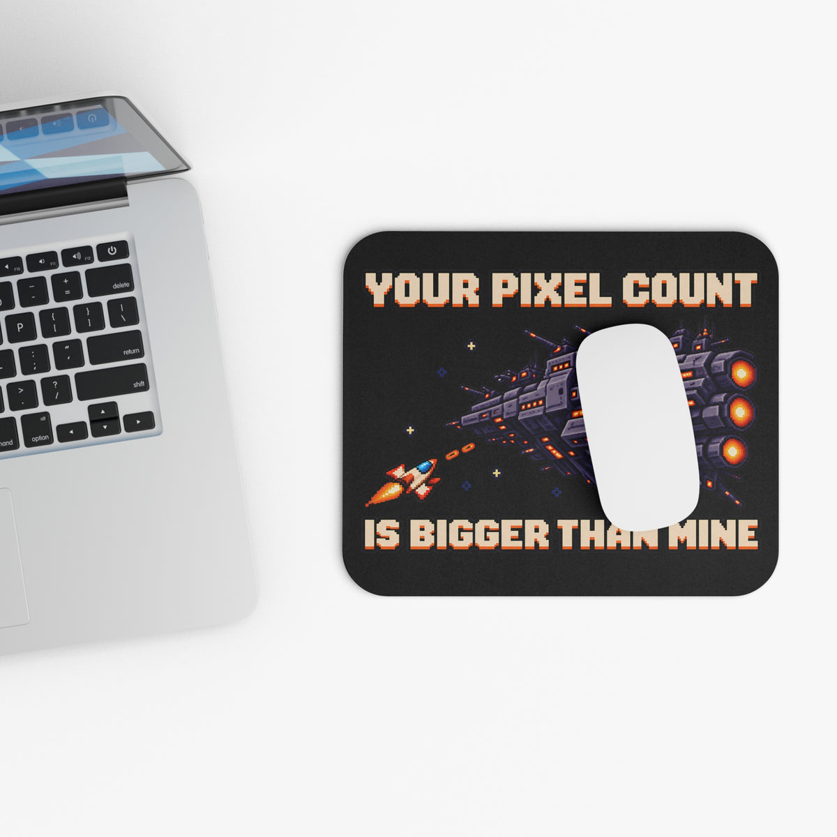 Your Pixel Count Is Bigger Than Mine rectangular mouse pad on a desk setup