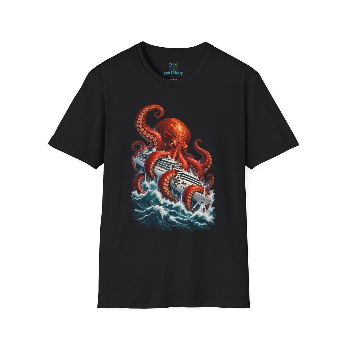 Black t-shirt with giant octopus wrapping a cruise ship graphic