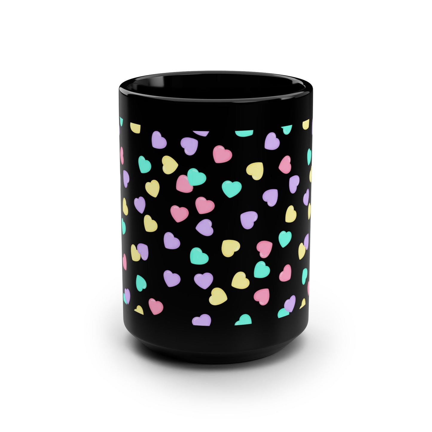 15oz Black Mug — Pastel Heart Pattern Coffee Cup -Score 81