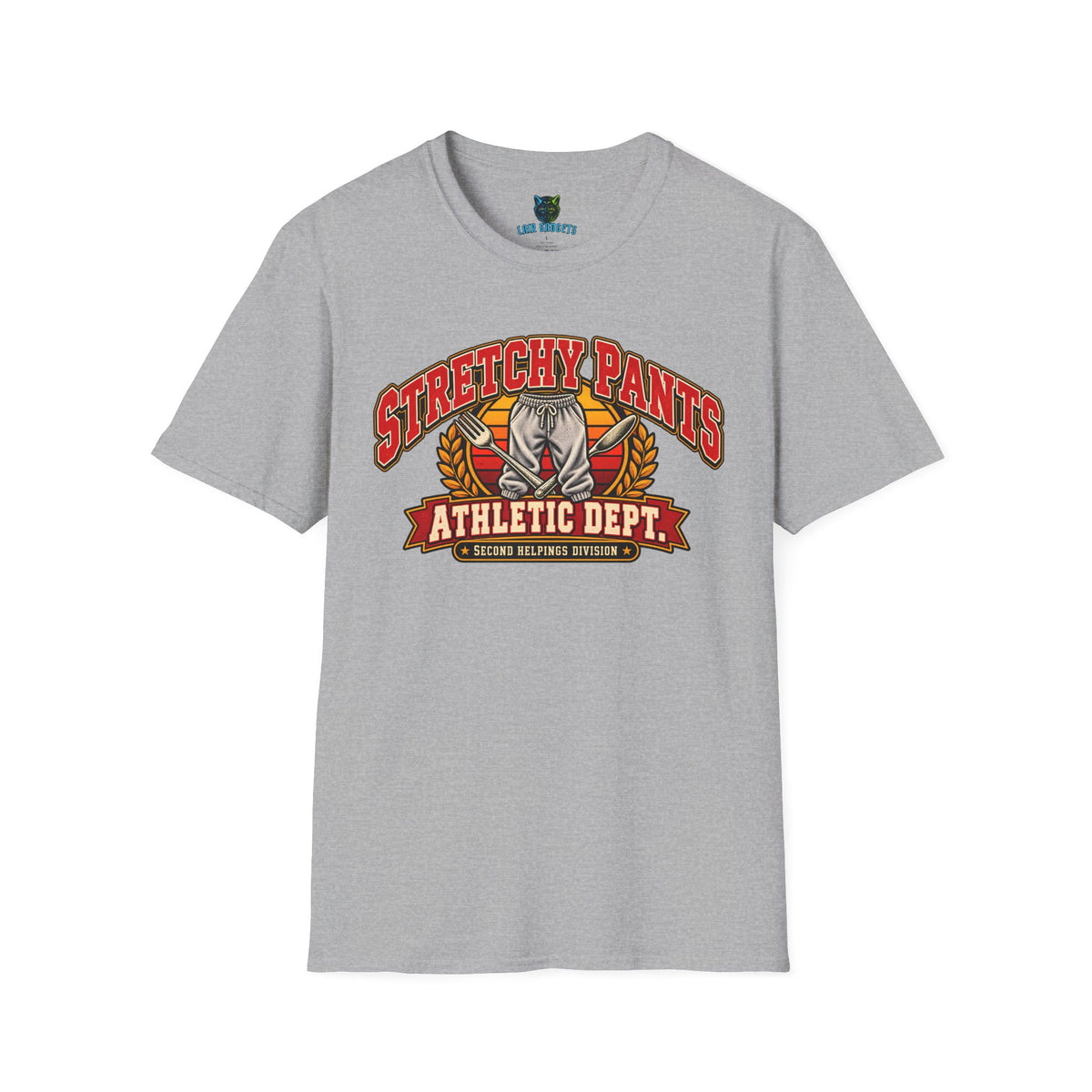 Stretchy Pants Athletic Dept. funny Thanksgiving and Christmas varsity graphic tee in Sport Grey