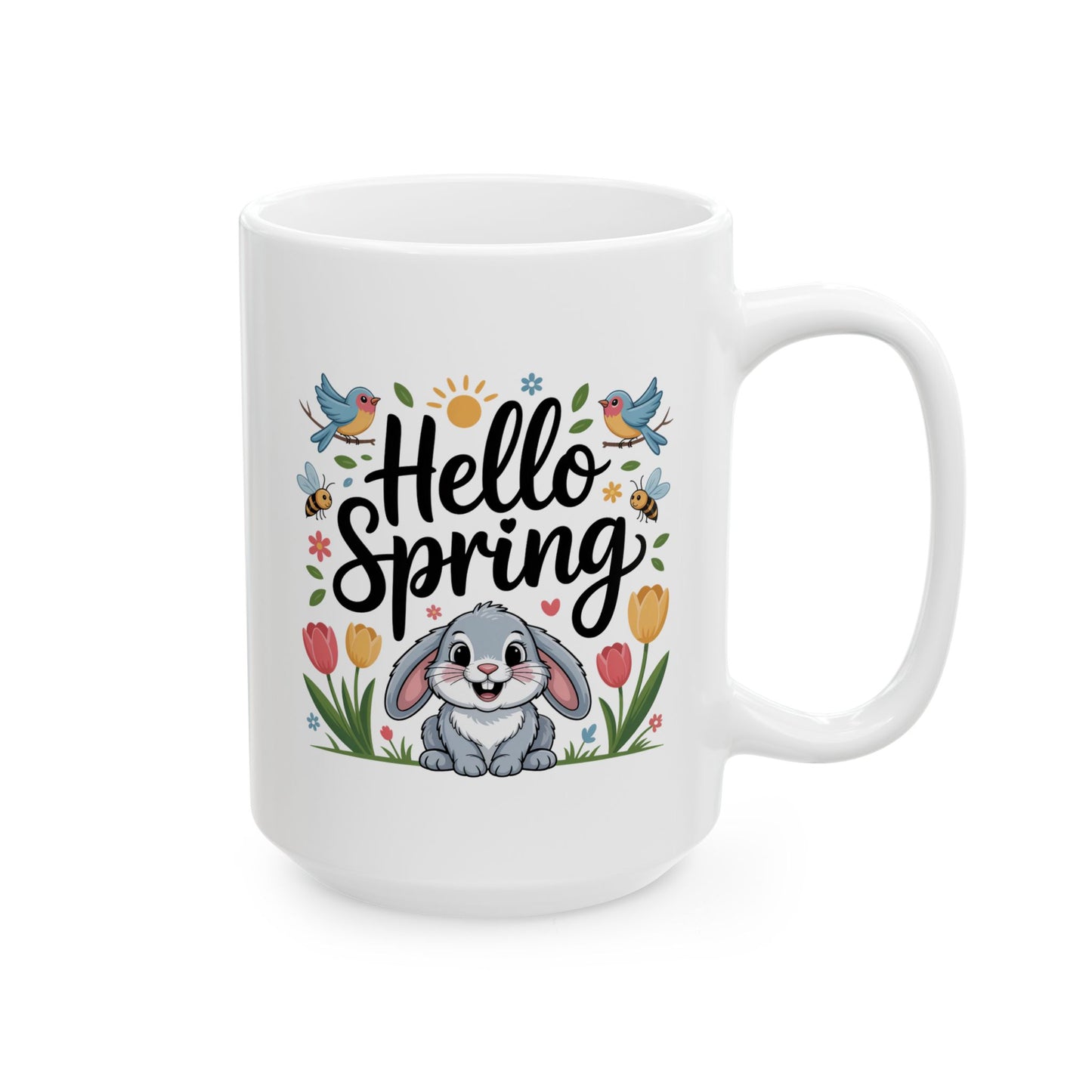 Spring Coffee Mug with Bunny and Garden Birds Design, White Ceramic 15 oz Mug, Easter and Seasonal Drinkware by Lair Gadgets