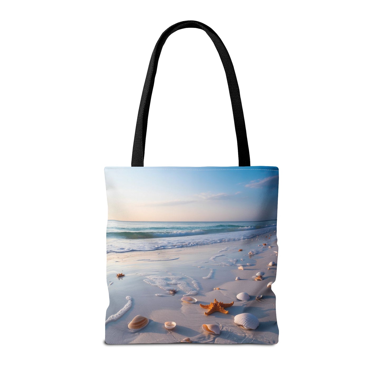 Seaside Serenity Tote Bag by Lair Gadgets – 16x16 Coastal Beach Scene with Shells and Starfish, Ocean Wave Print Carryall