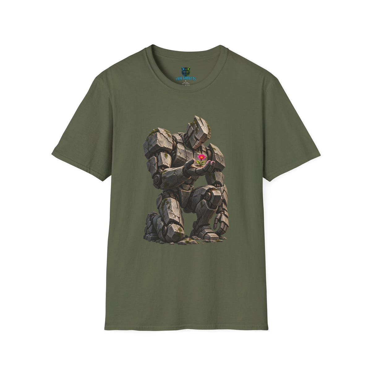 Military green t-shirt with stone giant holding a flower graphic