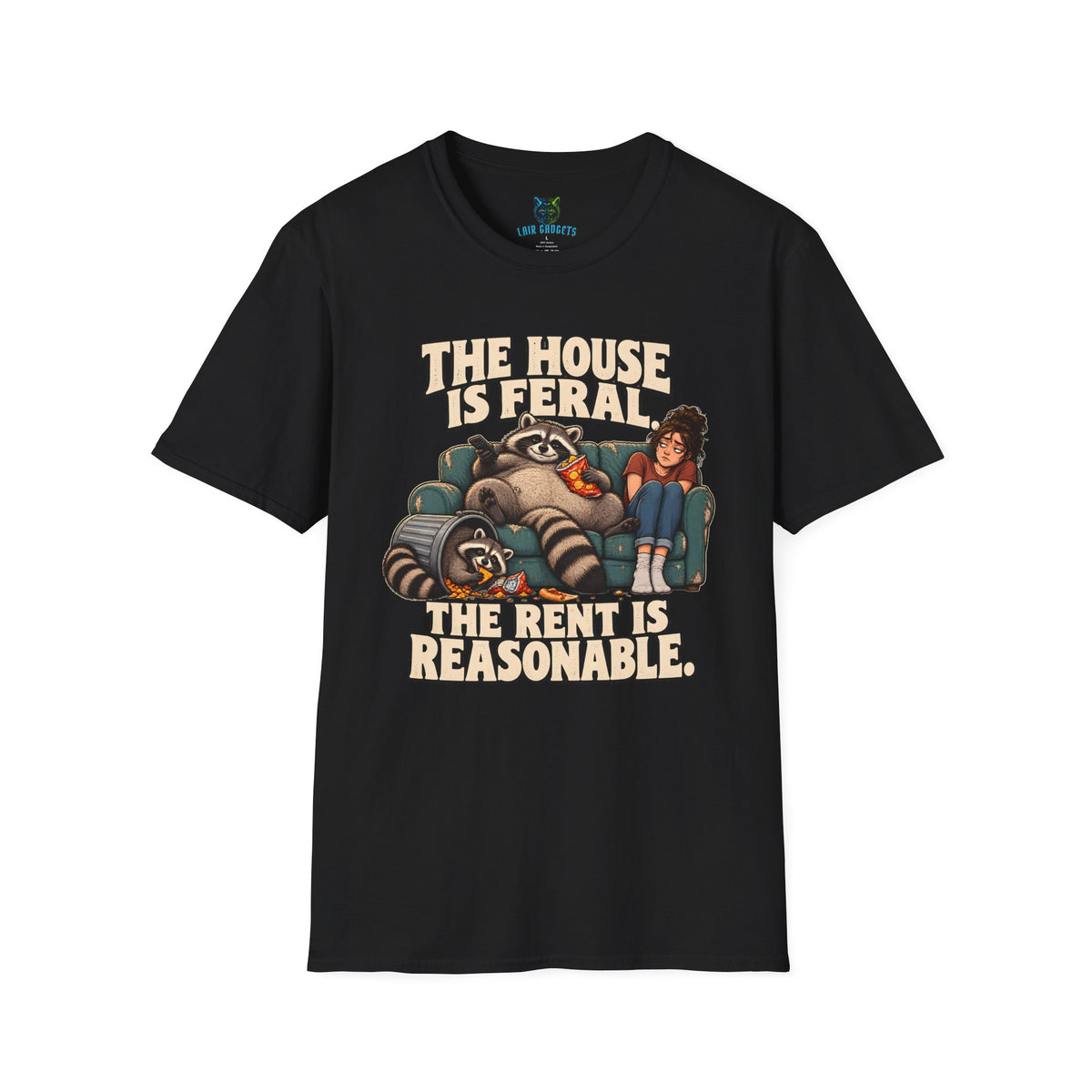 Black t-shirt with The House Is Feral raccoon graphic