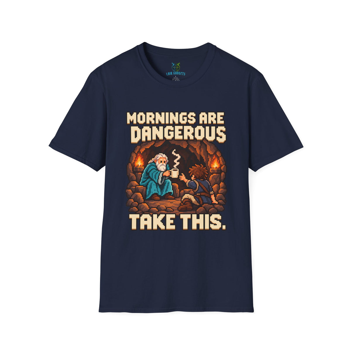 Navy t-shirt with Mornings Are Dangerous Take This retro pixel art coffee graphic