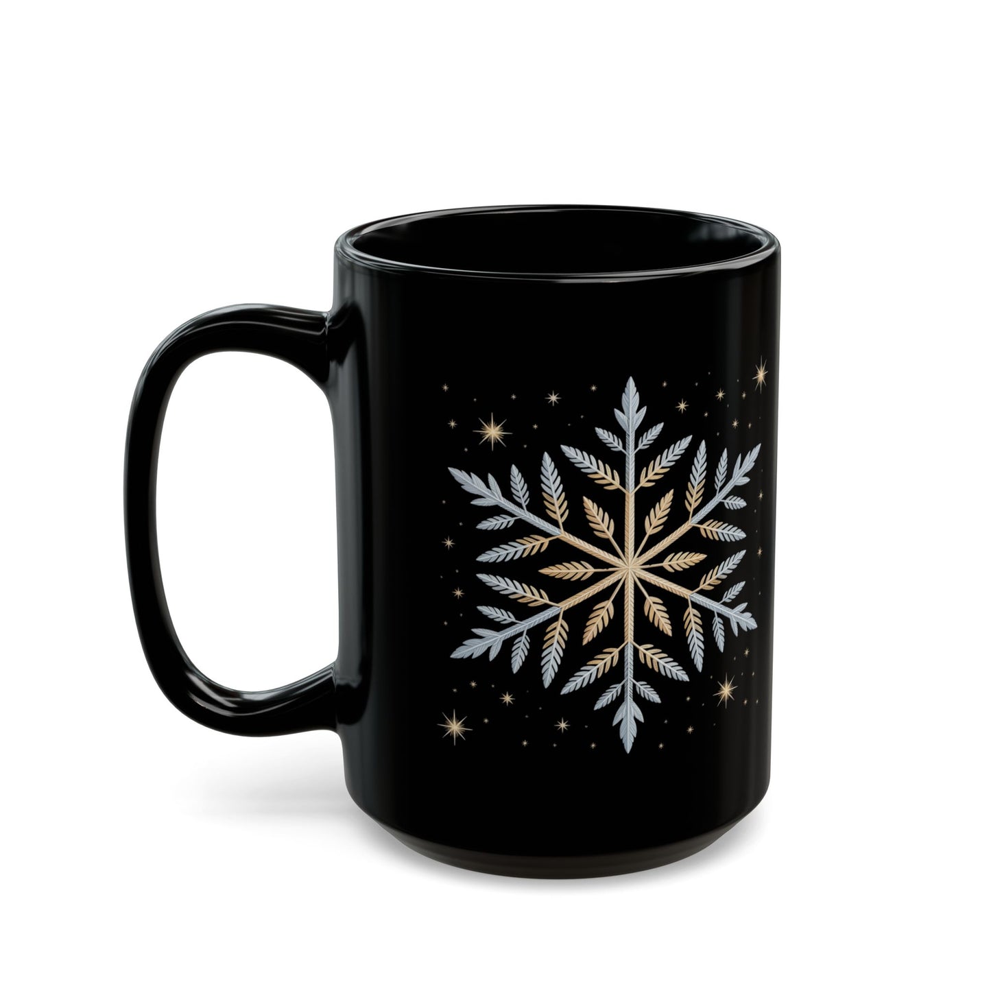 Winter Radiance Snowflake Mug by Lair Gadgets – 15 oz Black Ceramic Coffee Cup with Elegant Gold and Silver Flake Design