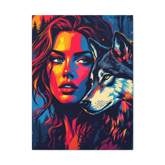 Wild Spirit Art Canvas | Colorful Wolf & Woman Portrait | 1.25" Stretched Wall Decor