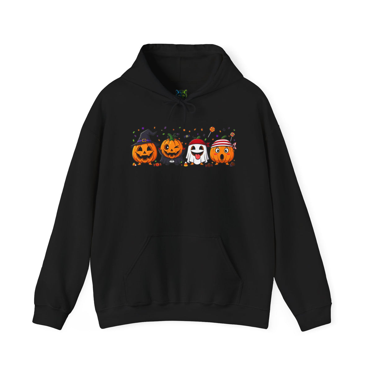 Costumed Pumpkin Friends Halloween Hoodie – Unisex Pullover Sweatshirt