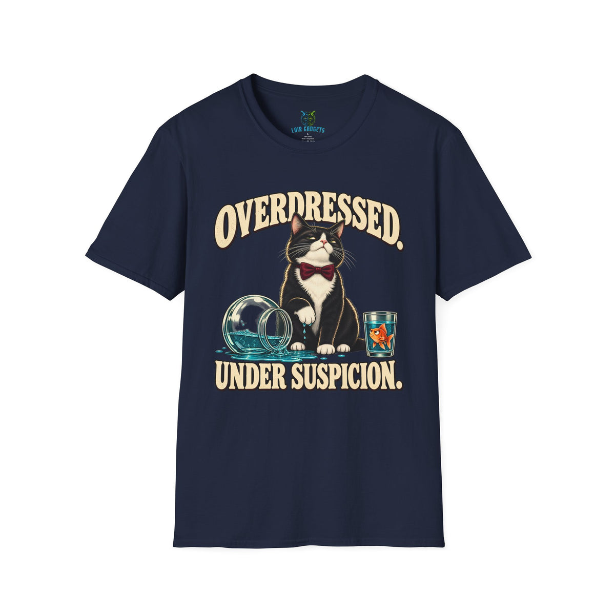 Navy t-shirt with Overdressed Under Suspicion tuxedo cat graphic