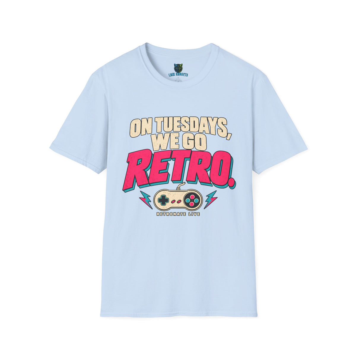 Light blue t-shirt with On Tuesdays We Go Retro RetroNate game controller graphic