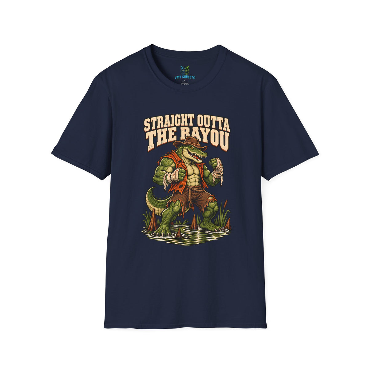 Navy t-shirt with Straight Outta The Bayou brawler alligator graphic