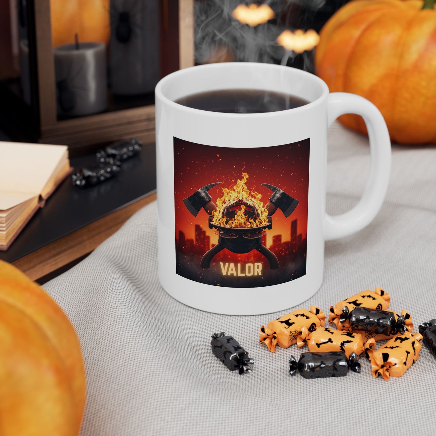 Firefighter Valor Mug, Fiery Helmet, Ax Illustration, Cityscape, Firefighter Gift, Heroic, Inspirational, Coffee Mug, Tea Cup