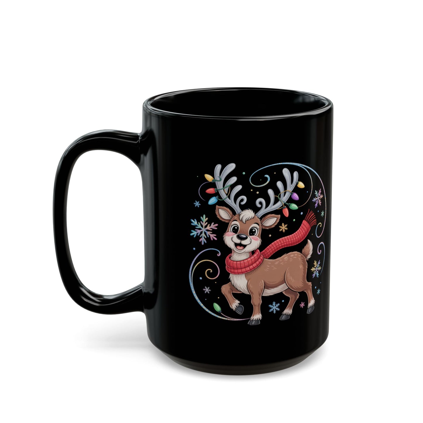 Festive Reindeer Mug by Lair Gadgets – 15 oz Black Ceramic Coffee Cup with Holiday Lights and Red Scarf Design