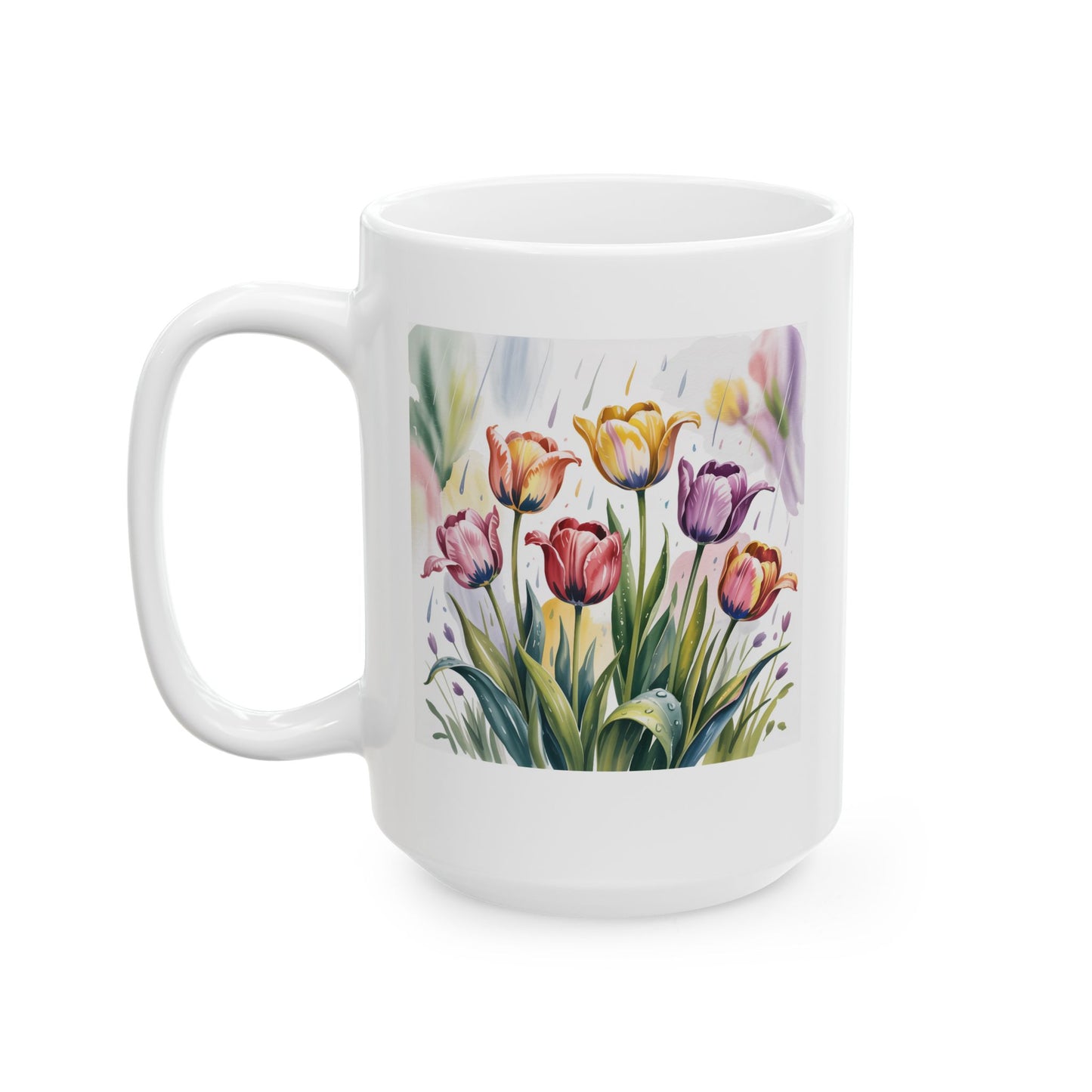 Floral Coffee Mug with Watercolor Tulip Design, Painterly Flower Artwork, 15 oz White Ceramic Mug for Home or Office Use — by Lair Gadgets