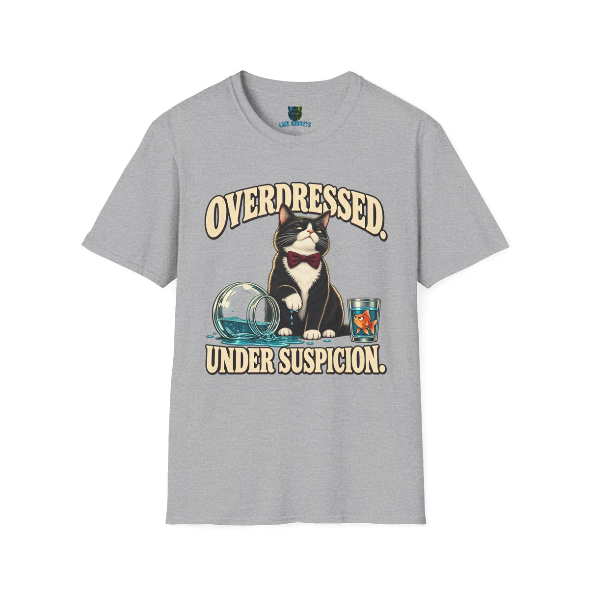 Sport grey t-shirt with Overdressed Under Suspicion tuxedo cat graphic