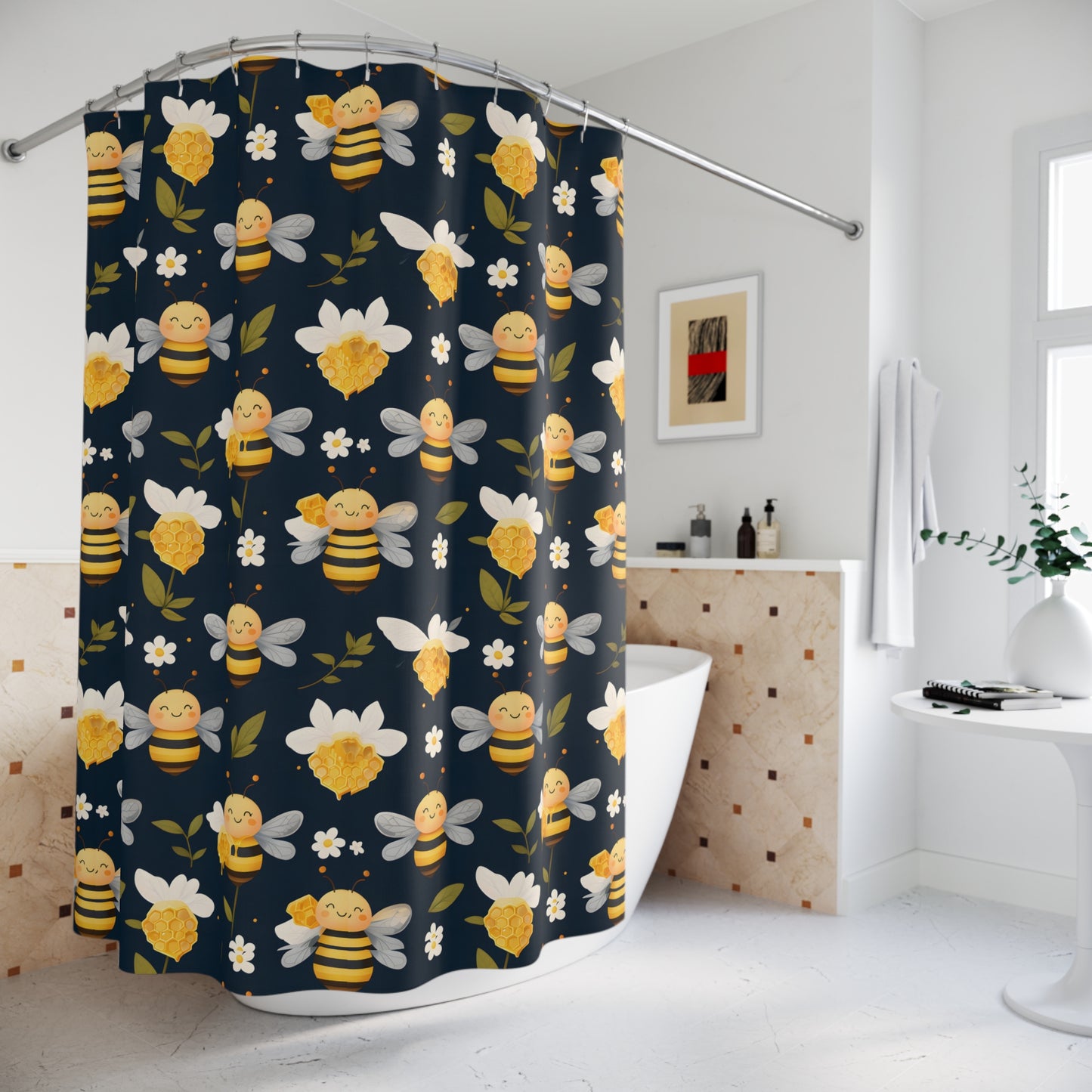 Whimsical Bees Shower Curtain - Cheerful Floral Bathroom Decor