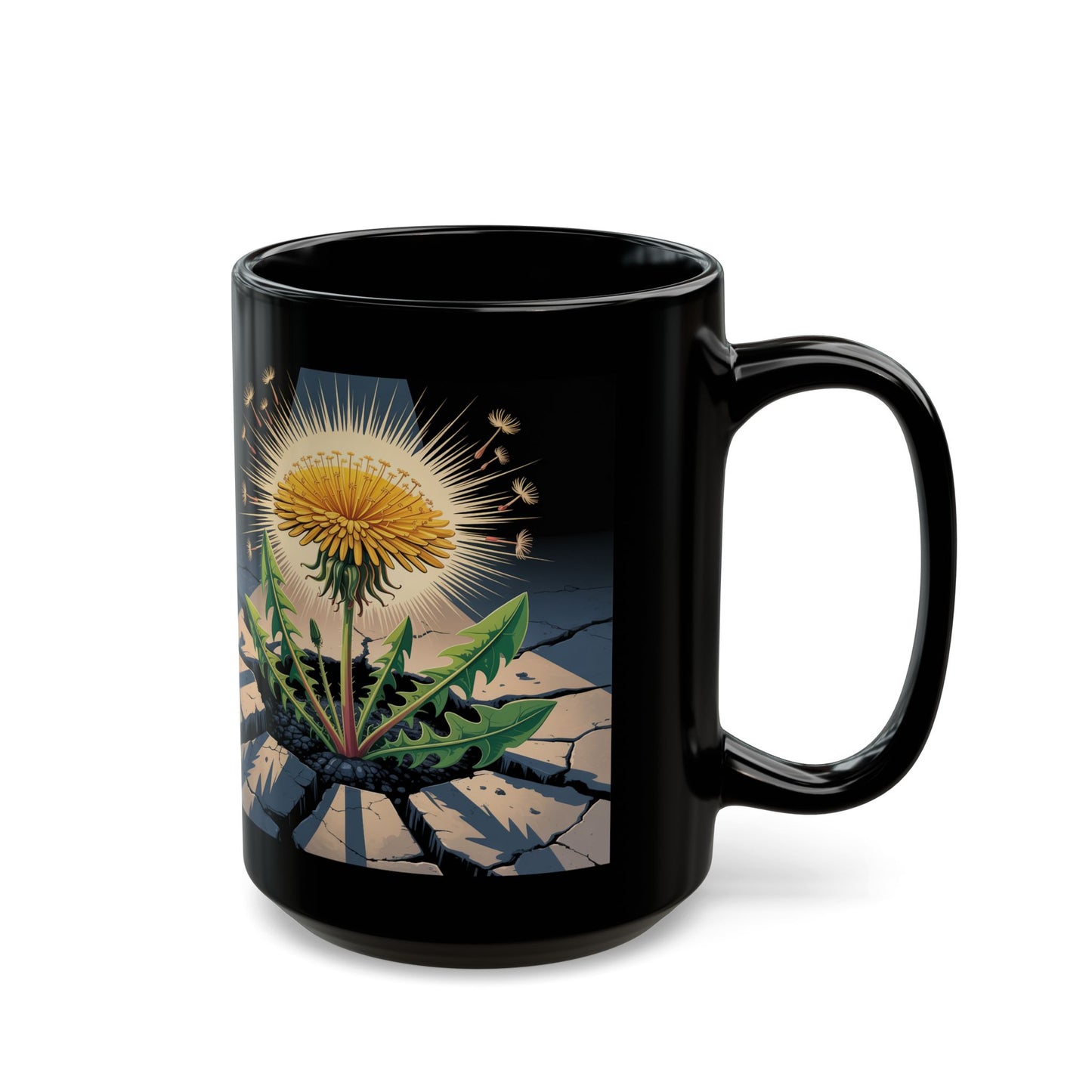 Inspirational Resilience Coffee Mug 15oz Dandelion Breakthrough Design by Lair Gadgets Black Mug (15oz)