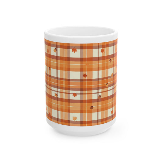Autumn Plaid Ceramic Mug - Cozy Hot Beverage Cup for Fall, Thanksgiving Gift, Seasonal Décor, Coffee, Tea Lover's Gift, 11oz & 15oz