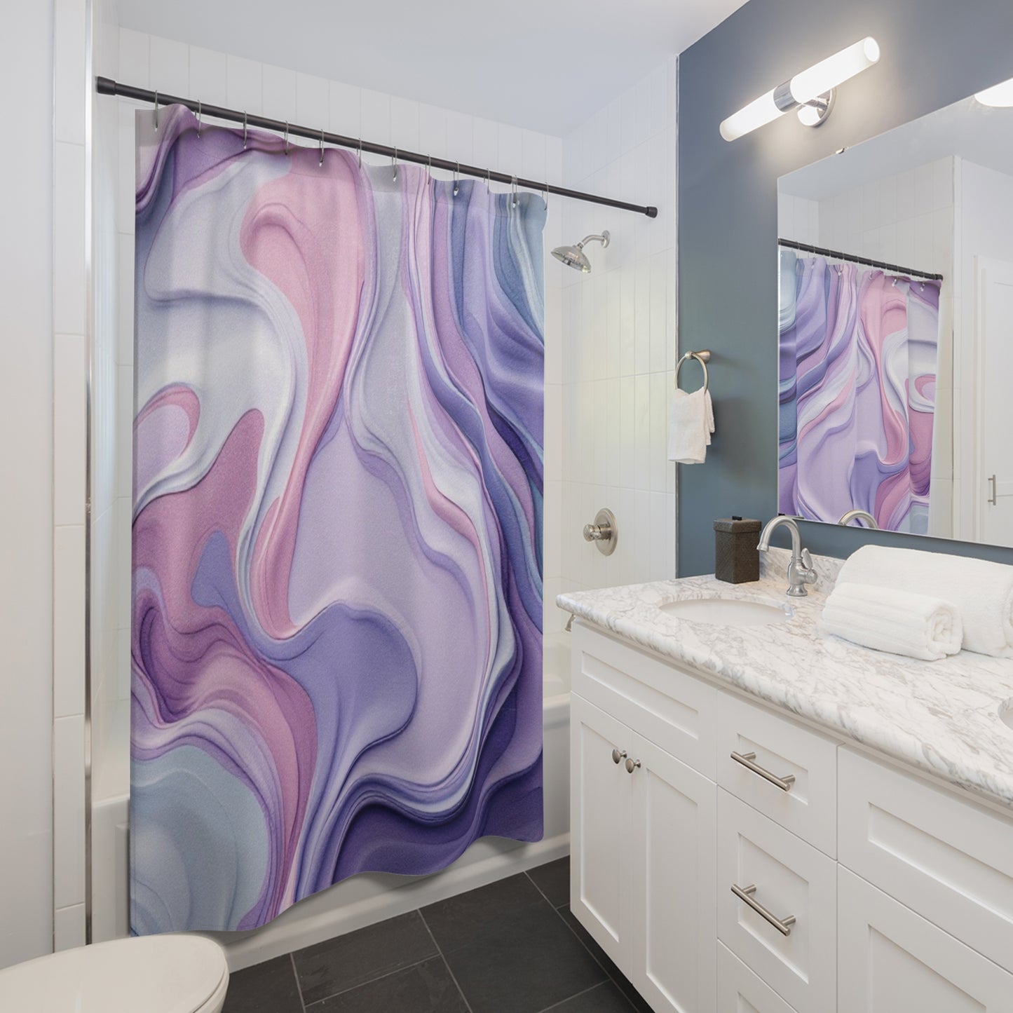 Elegant Abstract Marble Shower Curtain - Chic Purple and Pink Waves for Spa-Like Spaces