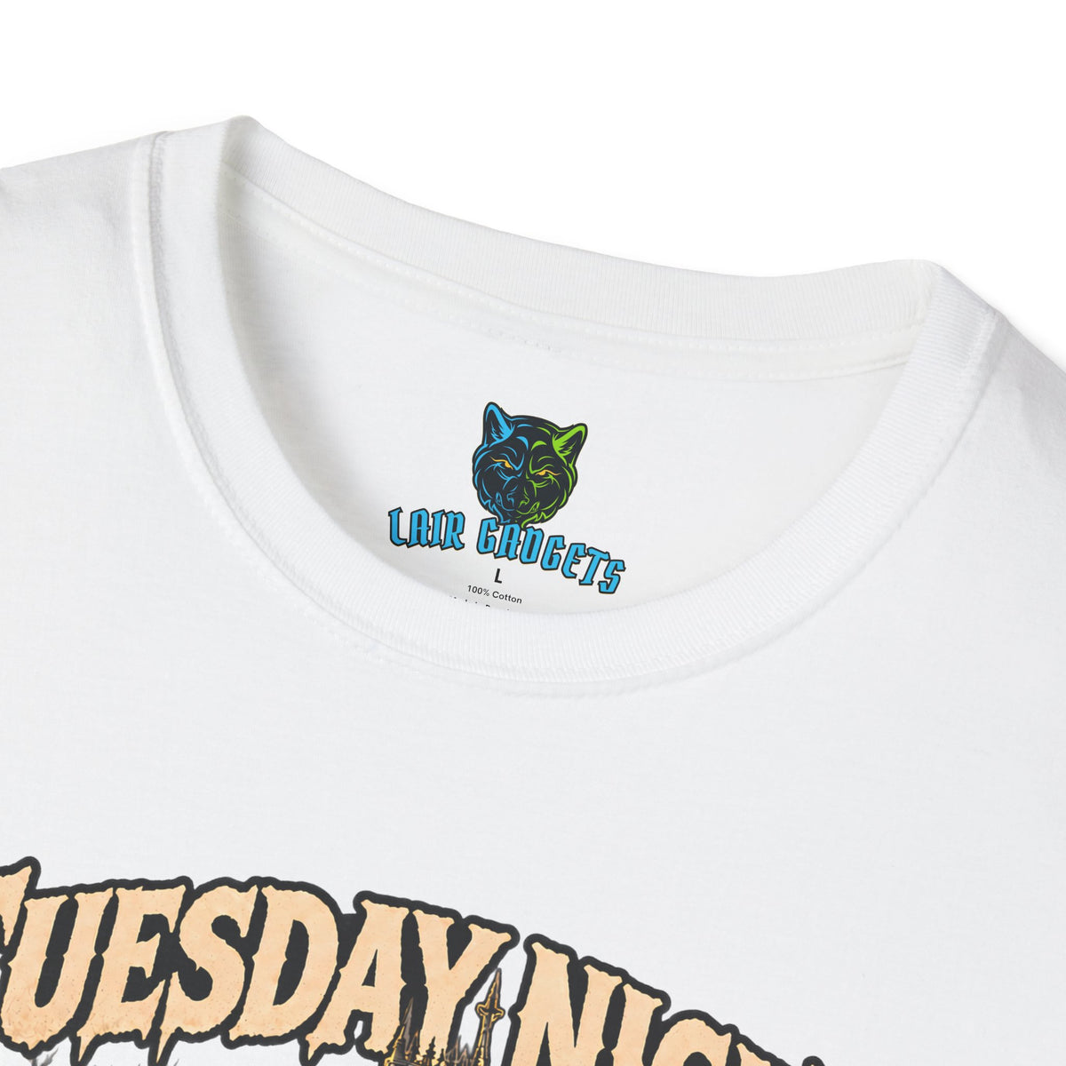 Tuesday Night Let's Go Together haunted mansion horror graphic tee, alternate view