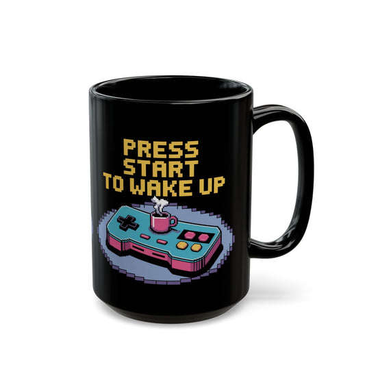 Retro Gamer Coffee Mug - Press Start to Wake Up, Gaming Gift, Video Game Mug, Gift for Gamers, 8-Bit Design