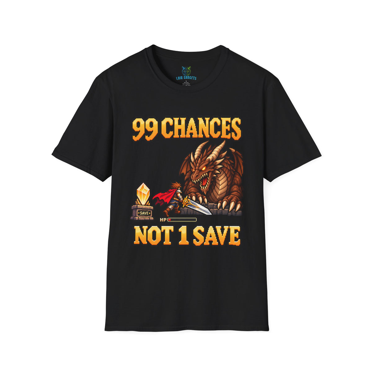 Black t-shirt with 99 Chances Not 1 Save retro pixel art dragon graphic