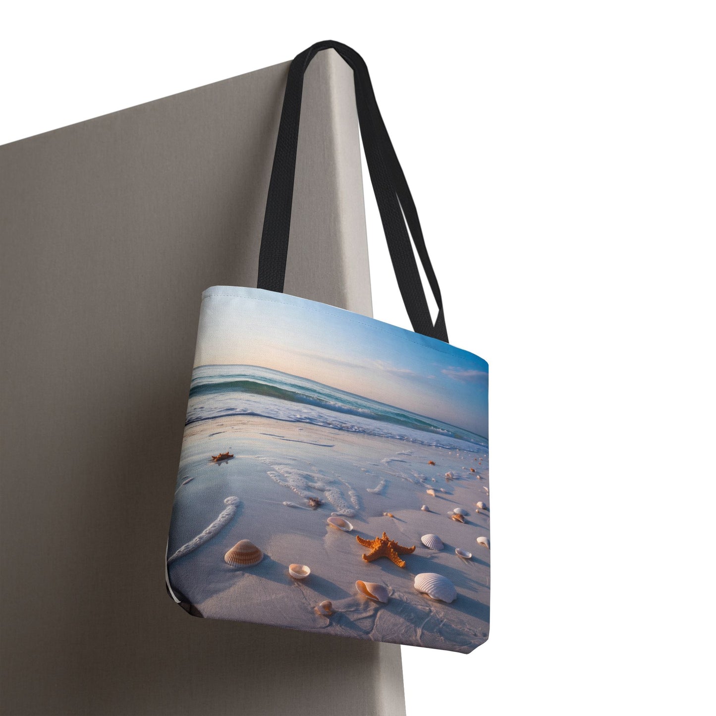Seaside Serenity Tote Bag by Lair Gadgets – 16x16 Coastal Beach Scene with Shells and Starfish, Ocean Wave Print Carryall