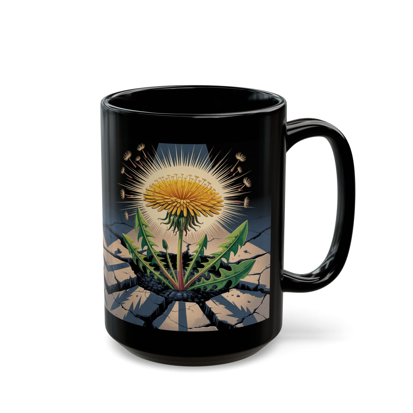 Inspirational Resilience Coffee Mug 15oz Dandelion Breakthrough Design by Lair Gadgets Black Mug (15oz)