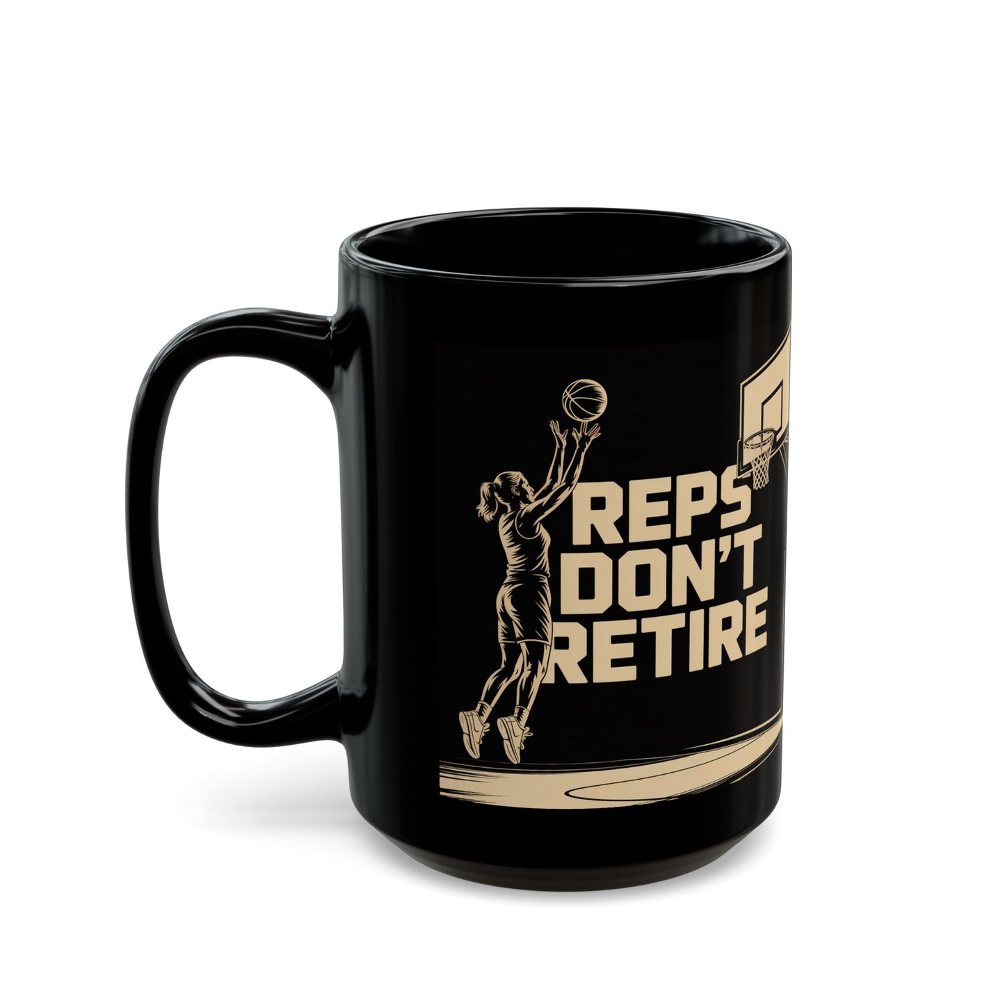 Basketball 'Reps Don't Retire' Black Coffee Mug ( 15oz)