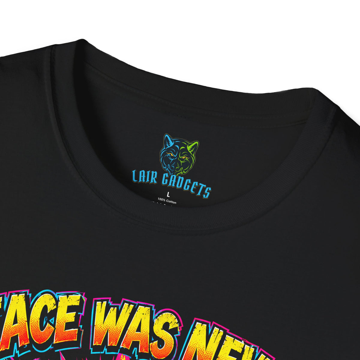 Black tee with an angry white goose charging mid-honk between the words Peace Was Never an Option (neck label view)